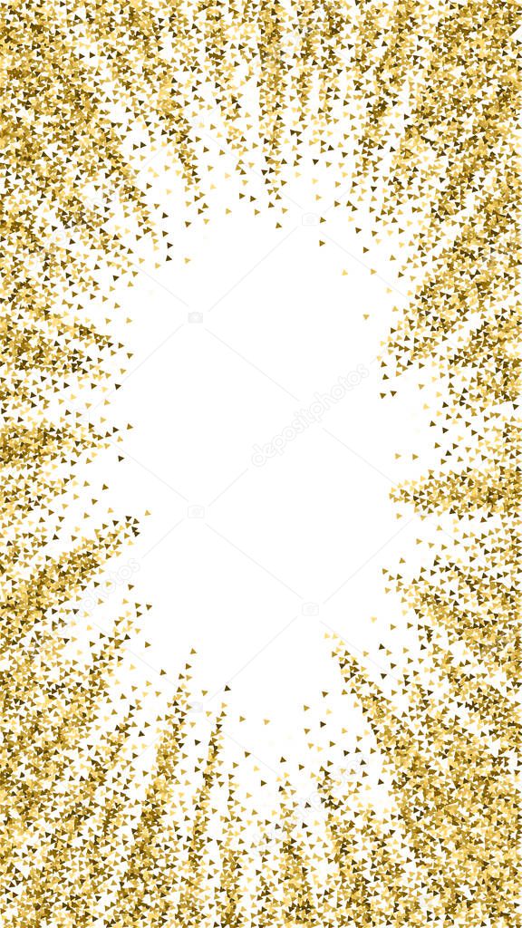Gold triangles glitter luxury sparkling confetti. Scattered small gold particles on white background. Dramatic festive overlay template. Cute vector background.