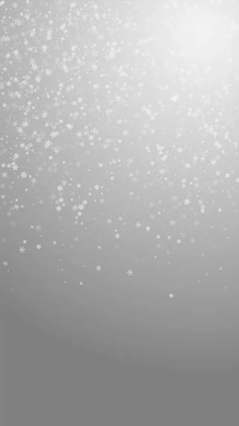 Vacker Snöfall Jul Bakgrund Subtila Flygande Snöflingor Och Stjärnor Grå — Stock vektor