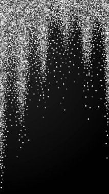 Yuvarlak gümüş parıltılı, ışıltılı konfeti. Siyah arkaplana dağılmış küçük altın parçacıkları. Seçkin şablon. Hatırlanabilir vektör arkaplanı.