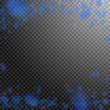 Koyu mavi çiçek yaprakları dökülüyor. Kayda değer romantik çiçekler yağmur gibi yağıyor. Şeffaf kare arka planda uçan taç yaprakları. Aşk, romantizm kavramı. Güzel bir düğün davetiyesi..