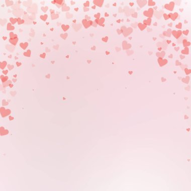 Kırmızı kalp konfetileri sever. Sevgililer Günü yağan yağmurlu sanatsal arka plan. Renk geçiş geçmişinde şeffaf kalp konfetileri düşüyor. Yaratıcı vektör illüstrasyonu.