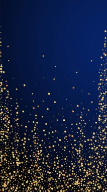 Şenlikli, cezbedici konfeti. Kutlama yıldızları. Koyu mavi arka planda altın konfeti. Büyüleyici şablon şablonu. Dikey vektör arkaplanı.