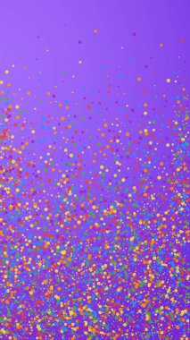 Eşsiz bir şenlik konfetisi. Kutlama yıldızları. Menekşe arka planda neşeli bir konfeti. Muhteşem şablon şablonu. Dikey vektör arkaplanı.