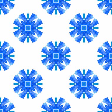 Tekstil hazır fevkalade baskı, mayo kumaş, duvar kağıdı, ambalaj. Mavi büyüleyici boho şık yaz tasarımı. Yeşil geometrik sembolün suluboya sınırı. Sembol suluboya deseni.