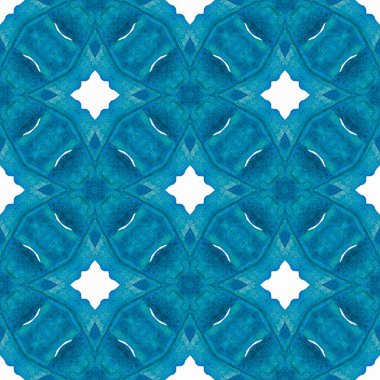 Tekstil hazır moda baskısı, mayo kumaşı, duvar kağıdı, ambalaj. Mavi muhteşem boho şık yaz tasarımı. Suluboya madalyonu, kusursuz sınır. Madalyon pürüzsüz desen.