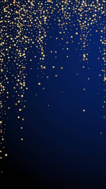 Şenlikli şirin konfeti. Kutlama yıldızları. Koyu mavi arka planda altın konfeti. Büyüleyici şablon şablonu. Dikey vektör arkaplanı.
