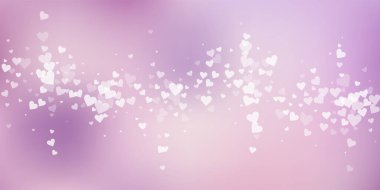 Beyaz kalp konfetileri sever. Sevgililer Günü yağmuru harika bir arka plan. Şeffaf kalp konfetileri yumuşak arka planda. Kendinden geçmiş vektör çizimi.