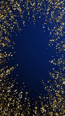 Altın üçgenler, ışıl ışıl konfeti. Koyu mavi arka planda dağılmış küçük altın parçacıkları. Dramatik şablon. Uygun vektör arkaplanı.