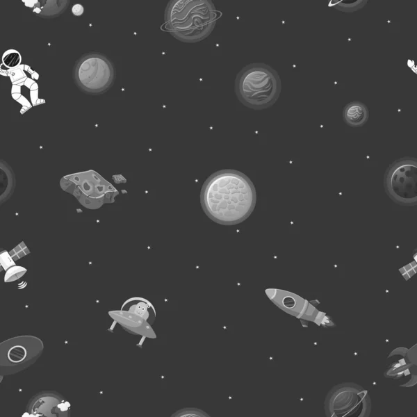 フラット漫画スタイルの空間パターン 宇宙飛行士とロケットとエイリアンがオープンスペースで子供服や包装紙のためのかわいいデザイン 惑星や星との宇宙パターン — ストックベクタ