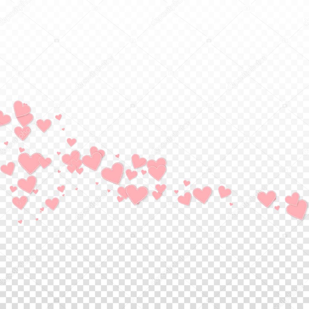 Pink heart love confettis. Valentine's day comet comely background. Falling stitched paper hearts confetti on transparent background. Delicate vector illustration.