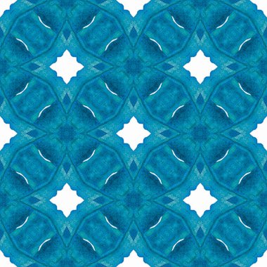 Tekstil hazır moda baskısı, mayo kumaşı, duvar kağıdı, ambalaj. Mavi muhteşem boho şık yaz tasarımı. Suluboya madalyonu, kusursuz sınır. Madalyon pürüzsüz desen.