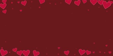 Kırmızı kalp konfetileri sever. Sevgililer Günü 'nde ender rastlanan bir geçmiş. Dökülen kağıt kalpler, kestane rengi arka planda konfeti. Ekstra vektör illüstrasyonu.