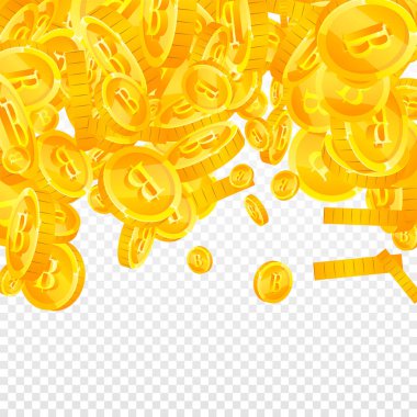 Tayland baht sikkeleri düşüyor. Fevkalade dağınık THB paraları. Tayland parası. Büyük ikramiye, servet ya da başarı konsepti. Vektör illüstrasyonu.