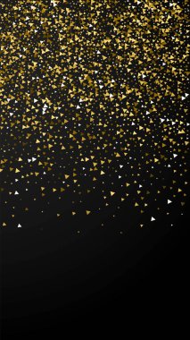 Altın üçgenler, ışıl ışıl konfeti. Siyah arkaplana dağılmış küçük altın parçacıkları. Enerjik şablon şablonu. Olağanüstü vektör arkaplanı.