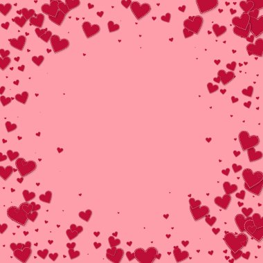 Kırmızı kalp konfetileri sever. Sevgililer günü vignette modern arka plan. Pembe arka planda düşmüş kağıt kalpler konfetisi. Göz kamaştırıcı vektör illüstrasyonu.