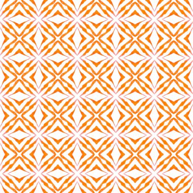 Tekstil hazır sanat baskısı, mayo kumaşı, duvar kağıdı, ambalaj. Turuncu unutulmaz boho şık yaz tasarımı. Madalyon pürüzsüz desen. Suluboya madalyonu, kusursuz sınır.