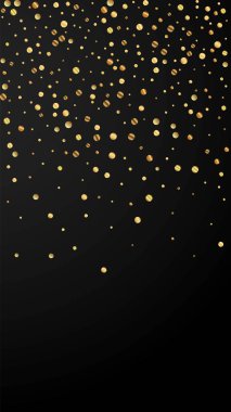 Şenlikli, cezbedici konfeti. Kutlama yıldızları. Siyah arka planda nadir bulunan altın konfetileri. Büyük şablon şablonu. Dikey vektör arkaplanı.