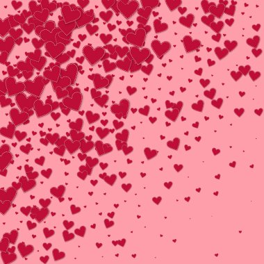 Kırmızı kalp konfetileri sever. Sevgililer Günü gradyanı gerçek arka plan. Pembe arka planda düşmüş kağıt kalpler konfetisi. Göz kamaştırıcı vektör illüstrasyonu.