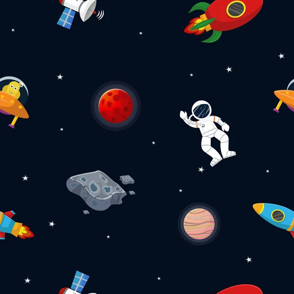 フラット漫画スタイルの空間パターン 宇宙飛行士とロケットとエイリアンがオープンスペースで子供服や包装紙のためのかわいいデザイン 惑星や星との宇宙パターン — ストックベクタ