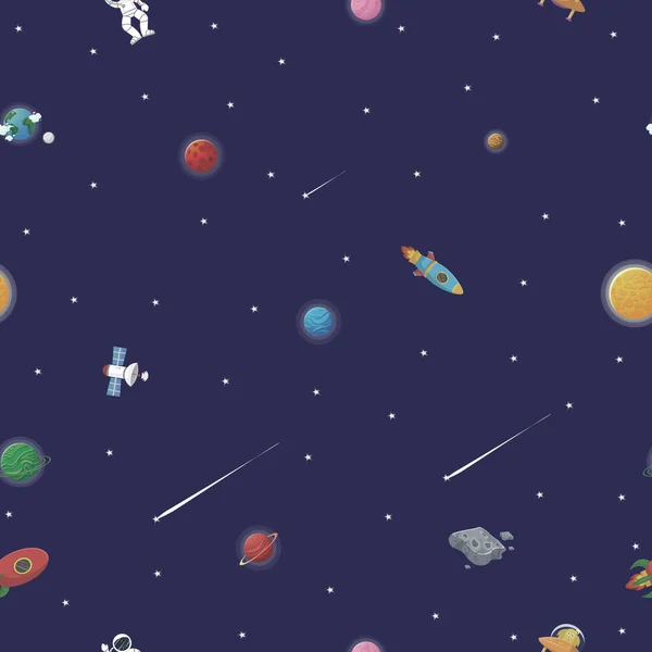 Estilo Plano Dibujos Animados Divertida Galaxia Sin Fisuras Astronauta Con — Vector de stock