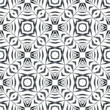Tekstil hazır göz kamaştırıcı baskı, mayo kumaş, duvar kağıdı, ambalaj. Siyah ve beyaz muhteşem boho şık yaz tasarımı. Yeşil geometrik sembolün suluboya sınırı. Sembol suluboya deseni.
