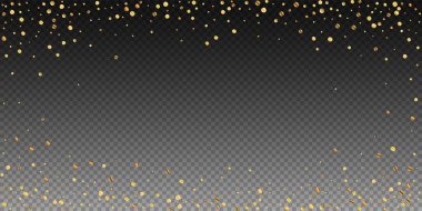 Nadir bulunan altın konfeti konfeti konfetisi. Şeffaf arkaplanda dağılmış küçük altın parçacıkları. Olağanüstü şablon şablonu. Muhteşem vektör çizimi.