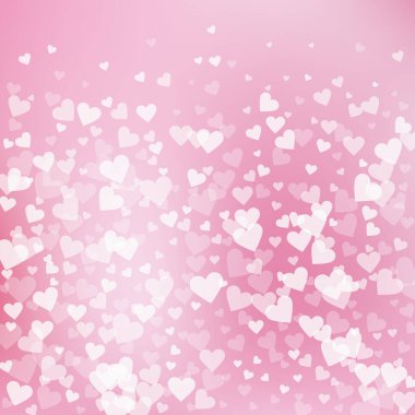 Beyaz kalp konfetileri sever. Sevgililer Günü gradyan görünüşlü arka plan. Hassas arka planda şeffaf kalp konfetileri. Şirin vektör illüstrasyonu.