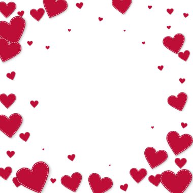 Kırmızı kalp konfetileri sever. Sevgililer Günü Vignette 'in şaşırtıcı geçmişi. Beyaz arka planda dikişli kağıt kalpler konfetisi. Göz kamaştırıcı vektör illüstrasyonu.