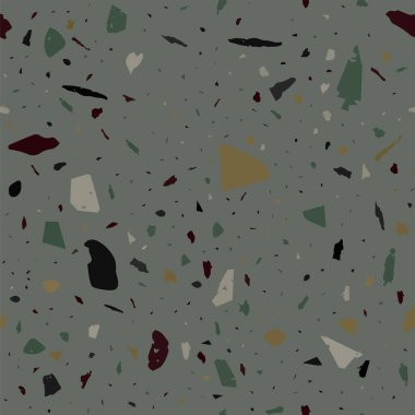 Terrazzo kusursuz desen. Kahverengi klasik döşeme dokusu. Doğal taşlardan, granitten, kuvarstan, mermerden ve betondan yapılmış kalın bir arka plan. Görkemli dikişsiz terrazzo.