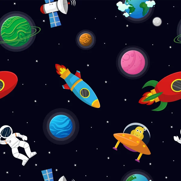 Galaxy seamless pattern design. Astronaut with rocket and alien in the open space Cute design for kids fabric and wrapping paper. Flat cartoon style funny galaxy seamless.