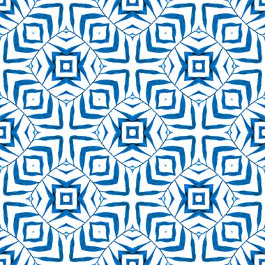 Tekstil hazır enerjik baskı, mayo kumaş, duvar kağıdı, ambalaj. Mavi büyüleyici boho şık yaz tasarımı. Elle boyanmış suluboya kenar. Döşemeli suluboya arkaplan.