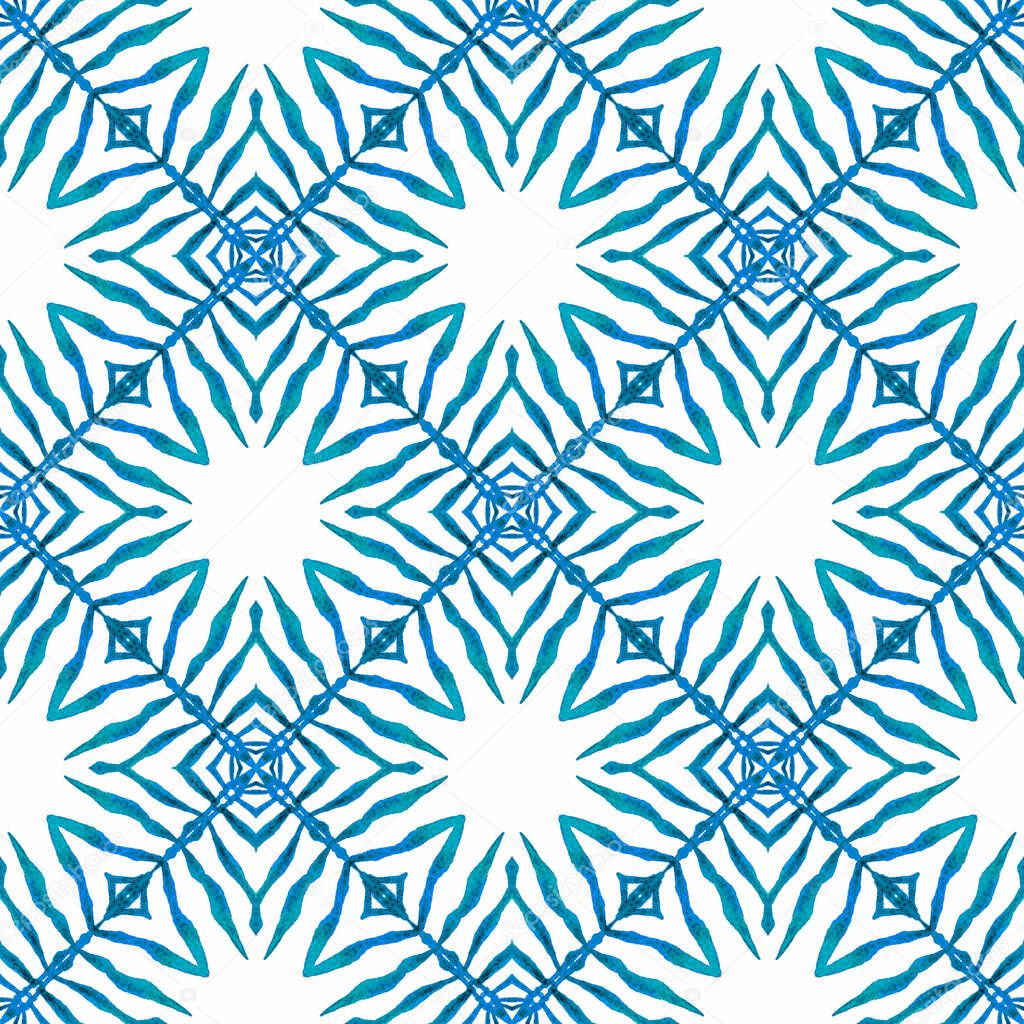 Watercolor medallion seamless border. Blue ravishing boho chic summer design. Textile ready authentic print, swimwear fabric, wallpaper, wrapping. Medallion seamless pattern.