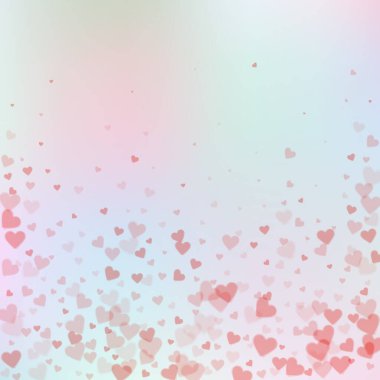 Kırmızı kalp konfetileri sever. Sevgililer Günü 'nde yağan yağmurlar arka planda. Hassas arka planda şeffaf kalp konfetileri. Yaratıcı vektör illüstrasyonu.