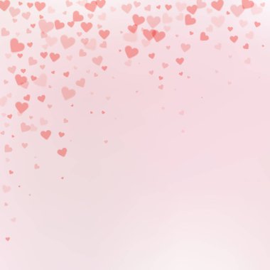 Kırmızı kalp konfetileri sever. Sevgililer Günü yağmuru büyüleyici bir arka plan. Renk geçiş geçmişinde şeffaf kalp konfetileri düşüyor. İlginç vektör illüstrasyonu.