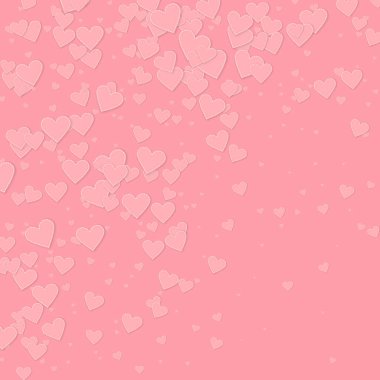 Pembe kalp aşk konfetileri. Sevgililer Günü gradyanı eşsizdir. Pembe arka planda düşmüş kağıt kalpler konfetisi. Şirin vektör illüstrasyonu.