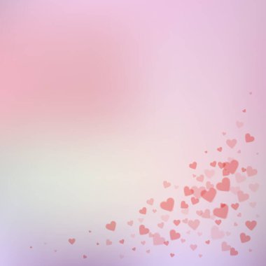 Kırmızı kalp konfetileri sever. Sevgililer Günü 'nün göz kamaştırıcı geçmişi. Şeffaf kalp konfetileri yumuşak arka planda. Dramatik vektör illüstrasyonu.