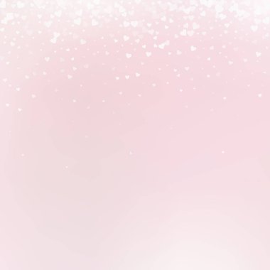 Beyaz kalp konfetileri sever. Sevgililer Günü gradyan benzersiz arka plan. Gradyan arka planda şeffaf kalp konfetileri düşüyor. Enerjik vektör çizimi.