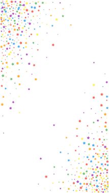 Şenlikli hipnoz konfetisi. Kutlama yıldızları. Beyaz arka planda parlak gökkuşağı yıldızları. Güzel bir şablon. Dikey vektör arkaplanı.