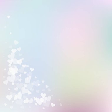 Beyaz kalp konfetileri sever. Sevgililer Günü 'nün sosyetik arka planı. Gradyan arka planda şeffaf kalp konfetileri düşüyor. İlahi vektör illüstrasyonu.