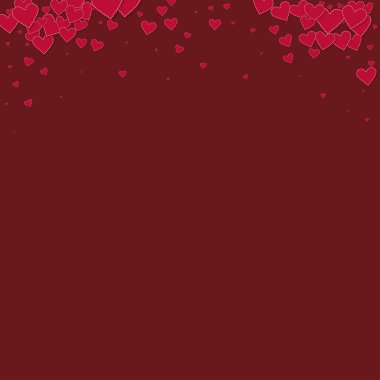 Kırmızı kalp konfetileri sever. Sevgililer Günü gradyanı sıradışı bir geçmiş. Dökülen kağıt kalpler, kestane rengi arka planda konfeti. Egzotik vektör illüstrasyonu.