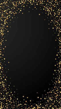 Altın yıldızlı, ışıl ışıl konfeti. Siyah arkaplana dağılmış küçük altın parçacıkları. Dramatik şablon. Düzgün vektör arkaplanı.
