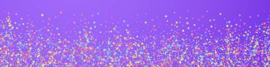 Güzel bir konfeti. Kutlama yıldızları. Mor arka planda yoğun renkli yıldızlar. Çok güzel bir şablon. Panoramik vektör arkaplanı.