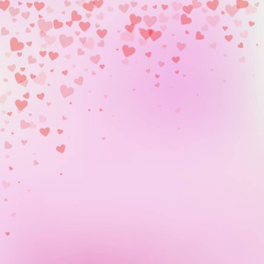 Kırmızı kalp konfetileri sever. Sevgililer Günü yağan yağmurlar büyüleyici bir arka plan. Hassas arka planda şeffaf kalp konfetileri. İlginç vektör illüstrasyonu.