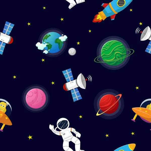 Platte Cartoon Stijl Grappige Planeet Patroon Astronaut Met Raket Alien — Stockvector