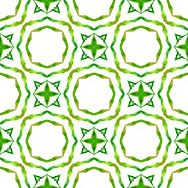 Döşemeli suluboya arka plan. Yeşil çekici boho şık yaz tasarımı. Tekstil hazır baskı, mayo kumaş, duvar kağıdı, ambalaj. Elle boyanmış suluboya kenar.