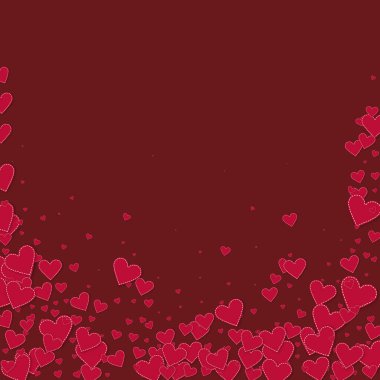 Kırmızı kalp konfetileri sever. Sevgililer günü yağan yağmurlar ilahi arka plan. Dökülen kağıt kalpler, kestane rengi arka planda konfeti. Yaratıcı vektör illüstrasyonu.