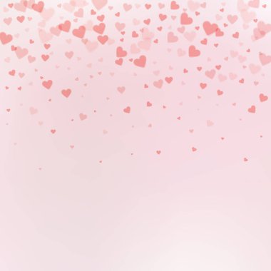 Kırmızı kalp konfetileri sever. Sevgililer Günü gradyanı eşsizdir. Renk geçiş geçmişinde şeffaf kalp konfetileri düşüyor. İlginç vektör illüstrasyonu.