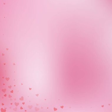 Kırmızı kalp konfetileri sever. Sevgililer günü köşe başındaki muhteşem arka plan. Şeffaf kalp konfetileri yumuşak arka planda. Büyüleyici vektör çizimi.