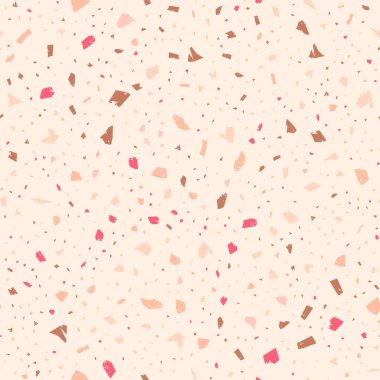 Terrazzo kusursuz desen. Turuncu klasik döşeme dokusu. Doğal taşlardan, granitten, kuvarstan, mermerden ve betondan yapılmış nefes kesici bir arka plan. Şekilsiz terrazzo..