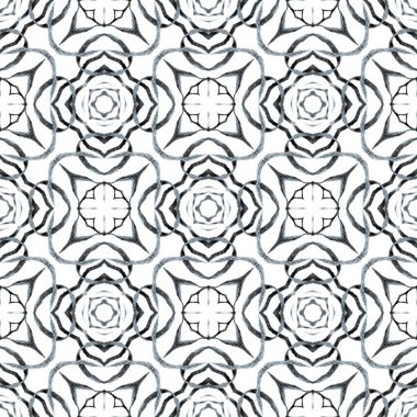 Yeşil geometrik sembolün suluboya sınırı. Siyah ve beyaz hoş bir boho şık yaz tasarımı. Tekstil hazır orijinal baskı, mayo kumaş, duvar kağıdı, ambalaj. Sembol suluboya deseni.